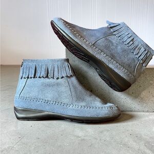 Fringe Suede Ankle Booties - Slate Blue 
Size 7 (fits like 7W) by Comfort Ease